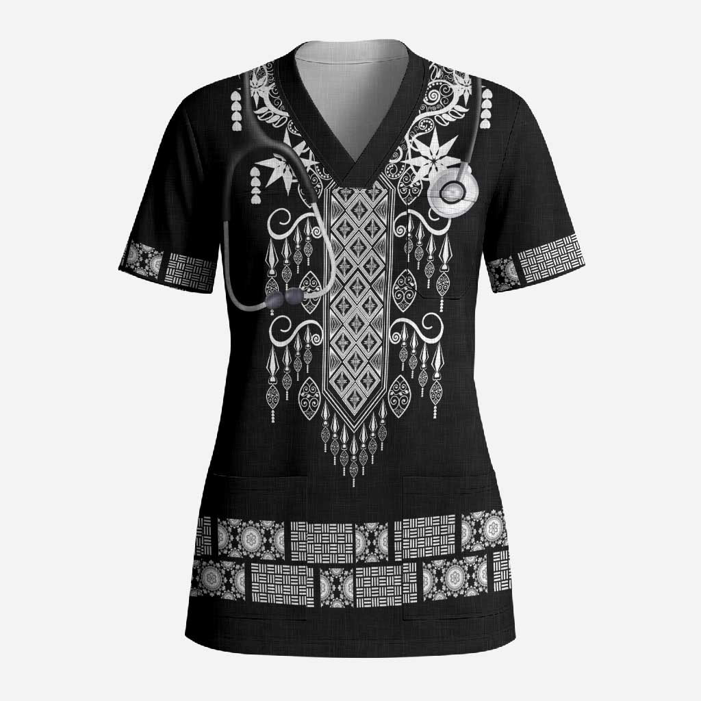 Proud Black Nurse RN Scrub Top Black African Pattern Stethoscope Dashiki Motif