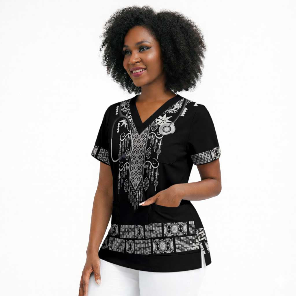 Proud Black Nurse RN Scrub Top Black African Pattern Stethoscope Dashiki Motif