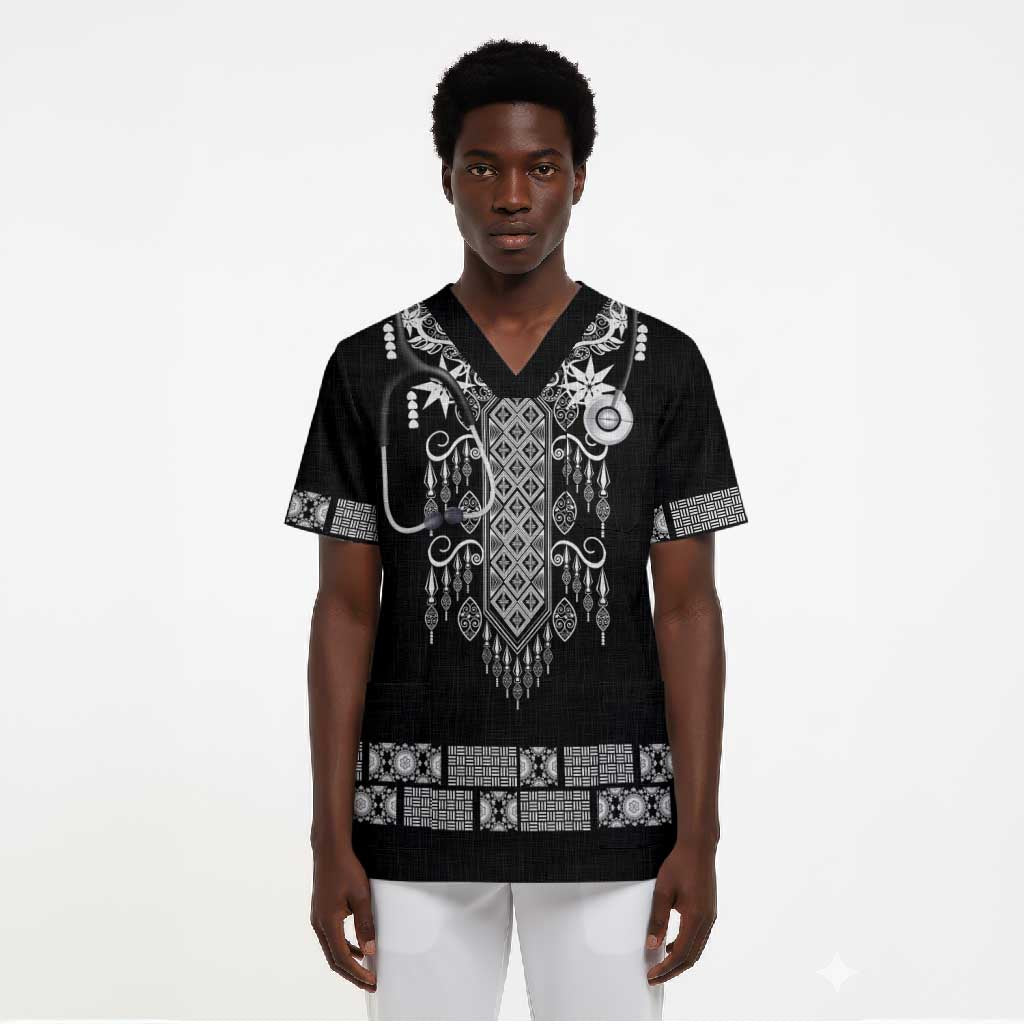 Proud Black Nurse RN Scrub Top Black African Pattern Stethoscope Dashiki Motif