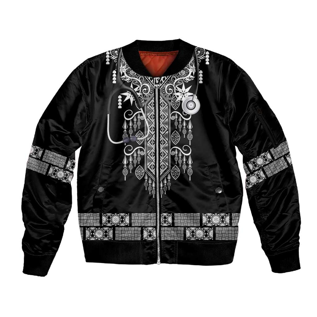 Proud Black Nurse RN Sleeve Zip Bomber Jacket Black African Pattern Stethoscope Dashiki Motif