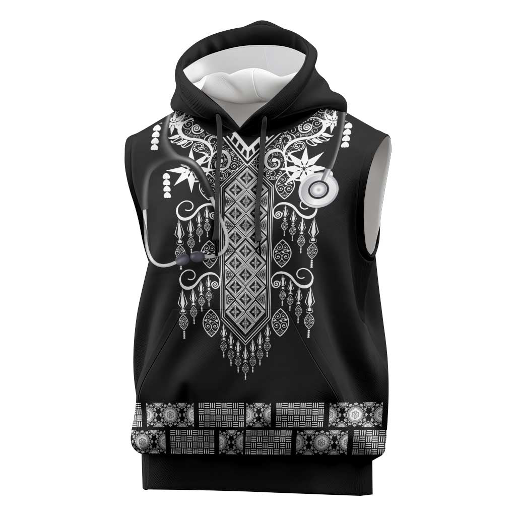 Proud Black Nurse RN Sleeveless Hoodie Black African Pattern Stethoscope Dashiki Motif
