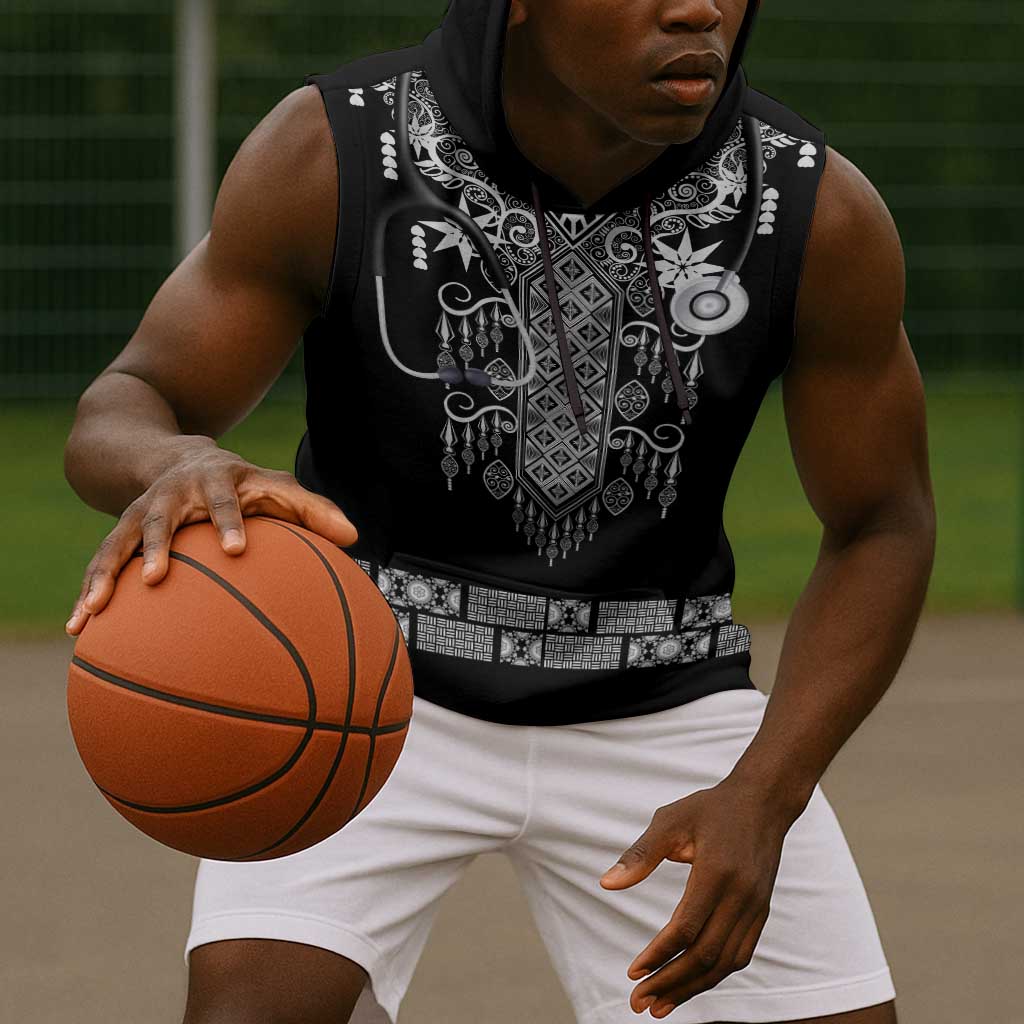 Proud Black Nurse RN Sleeveless Hoodie Black African Pattern Stethoscope Dashiki Motif
