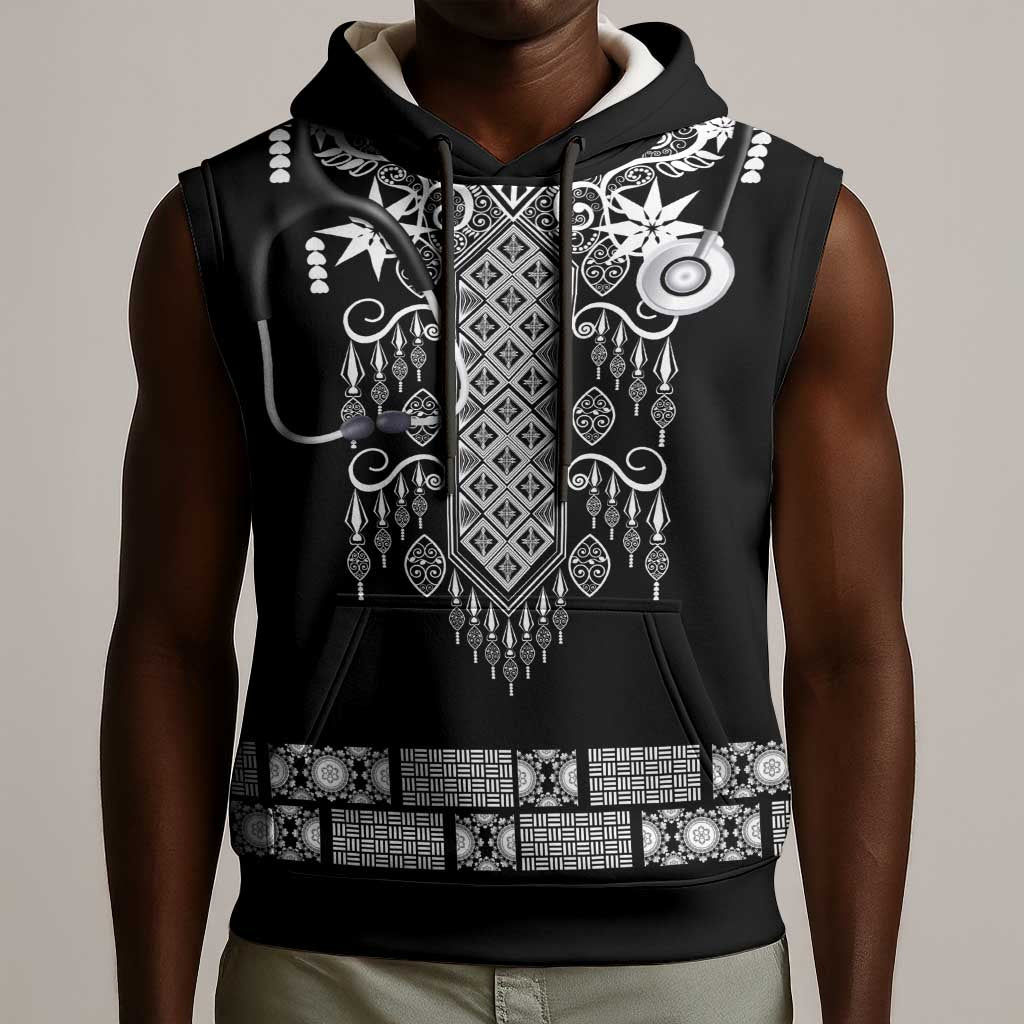 Proud Black Nurse RN Sleeveless Hoodie Black African Pattern Stethoscope Dashiki Motif