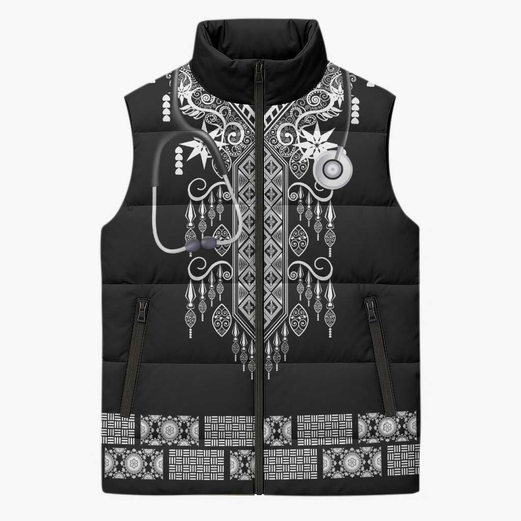 Proud Black Nurse RN Sleeveless Puffer Jacket Black African Pattern Stethoscope Dashiki Motif