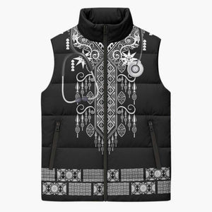 Proud Black Nurse RN Sleeveless Puffer Jacket Black African Pattern Stethoscope Dashiki Motif