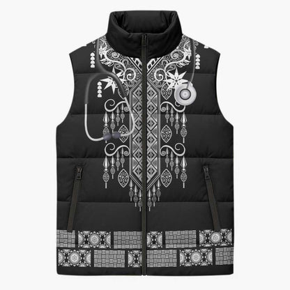 Proud Black Nurse RN Sleeveless Puffer Jacket Black African Pattern Stethoscope Dashiki Motif