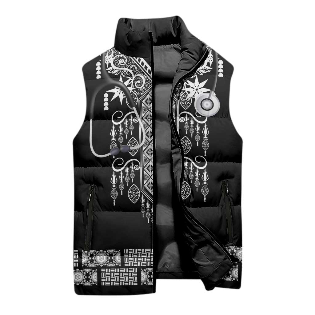 Proud Black Nurse RN Sleeveless Puffer Jacket Black African Pattern Stethoscope Dashiki Motif
