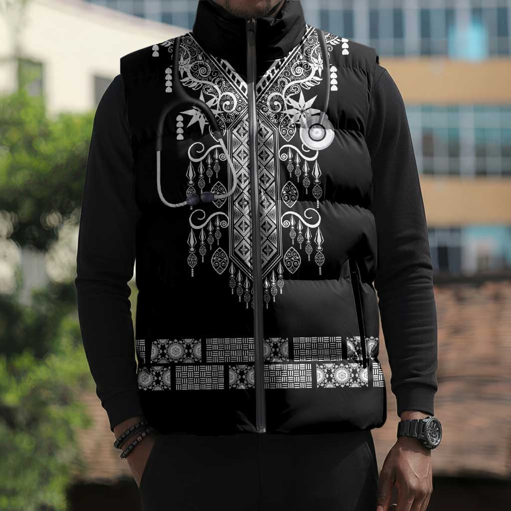 Proud Black Nurse RN Sleeveless Puffer Jacket Black African Pattern Stethoscope Dashiki Motif