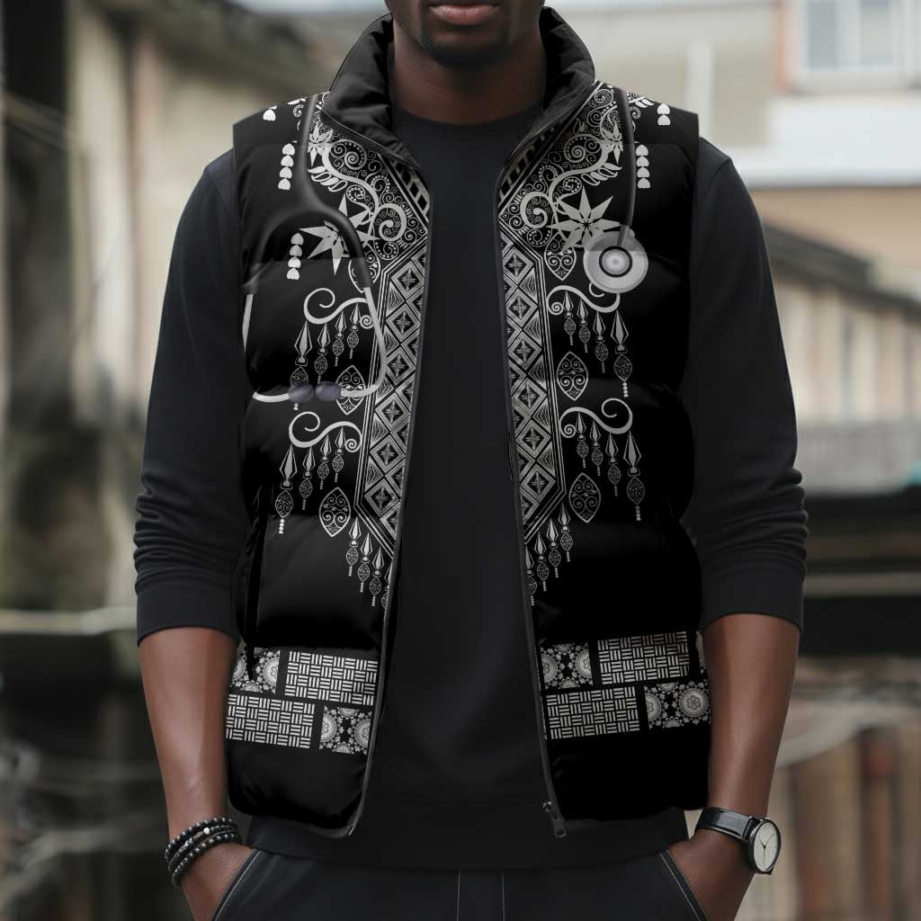 Proud Black Nurse RN Sleeveless Puffer Jacket Black African Pattern Stethoscope Dashiki Motif