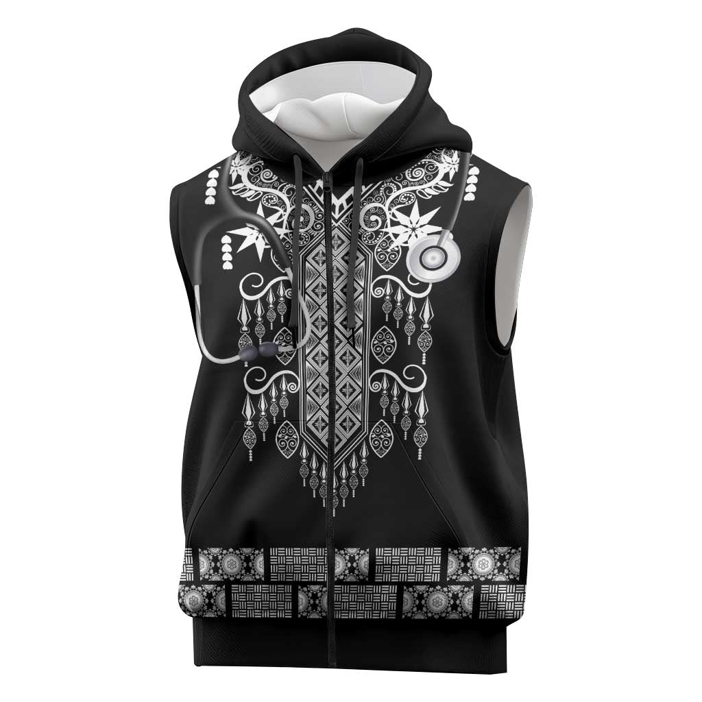 Proud Black Nurse RN Sleeveless Zip Hoodie Black African Pattern Stethoscope Dashiki Motif
