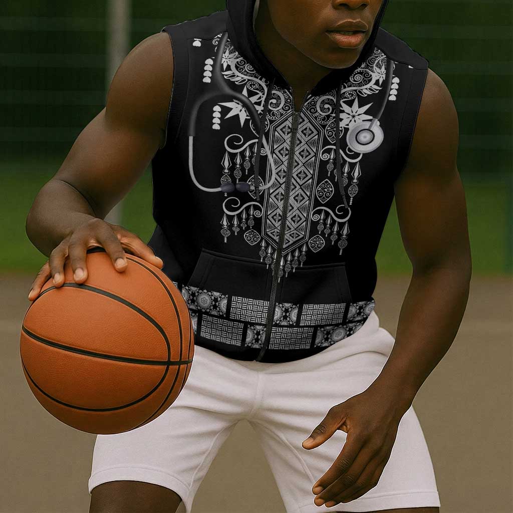 Proud Black Nurse RN Sleeveless Zip Hoodie Black African Pattern Stethoscope Dashiki Motif