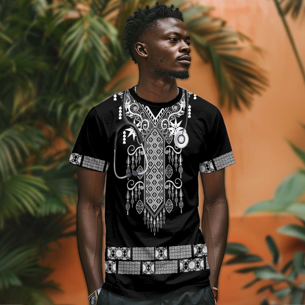 Proud Black Nurse RN T shirt Black African Pattern Stethoscope Dashiki Motif