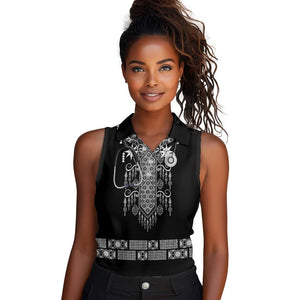 Proud Black Nurse RN Women Sleeveless Polo Shirt Black African Pattern Stethoscope Dashiki Motif