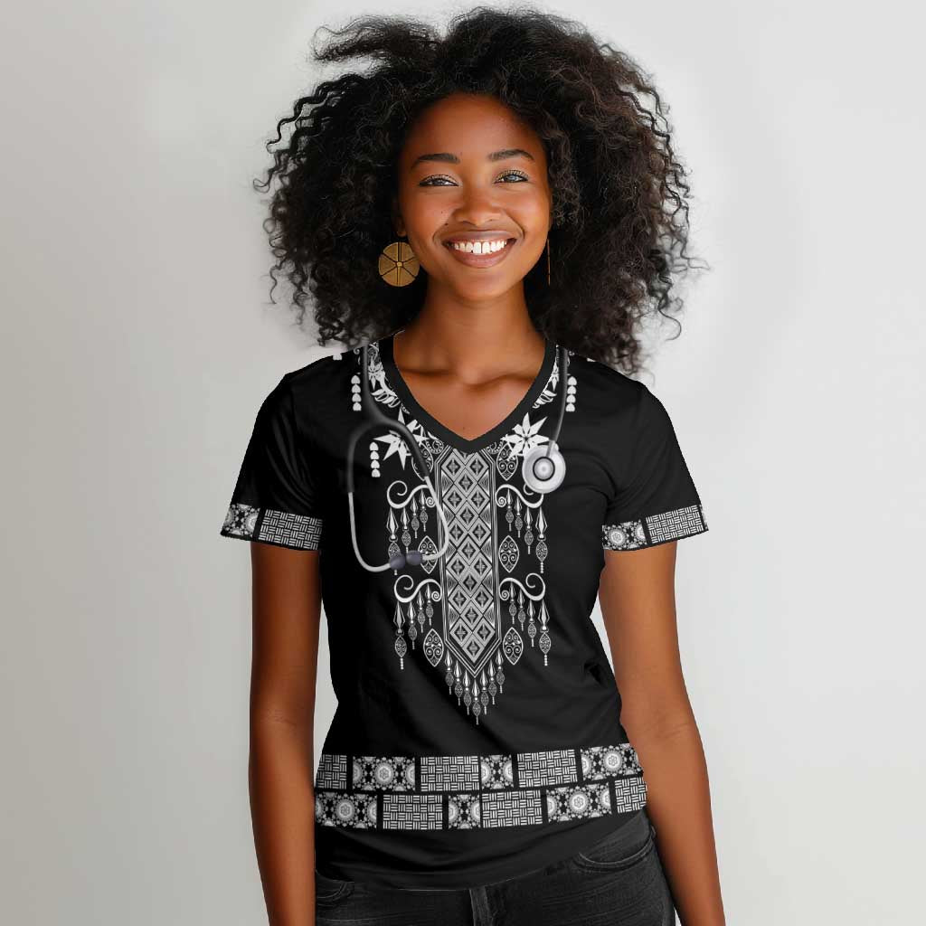 Proud Black Nurse RN Women V-Neck T-Shirt Black African Pattern Stethoscope Dashiki Motif