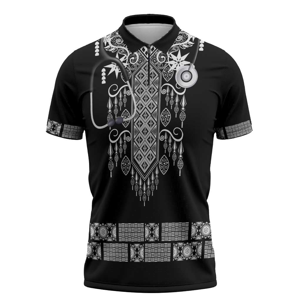 Proud Black Nurse RN Zipper Polo Shirt Black African Pattern Stethoscope Dashiki Motif