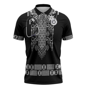 Proud Black Nurse RN Zipper Polo Shirt Black African Pattern Stethoscope Dashiki Motif