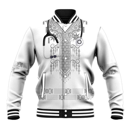 Proud Black Nurse RN Baseball Jacket White African Pattern Stethoscope Dashiki Motif
