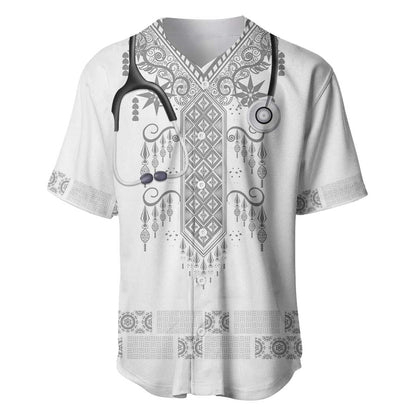 Proud Black Nurse RN Baseball Jersey White African Pattern Stethoscope Dashiki Motif