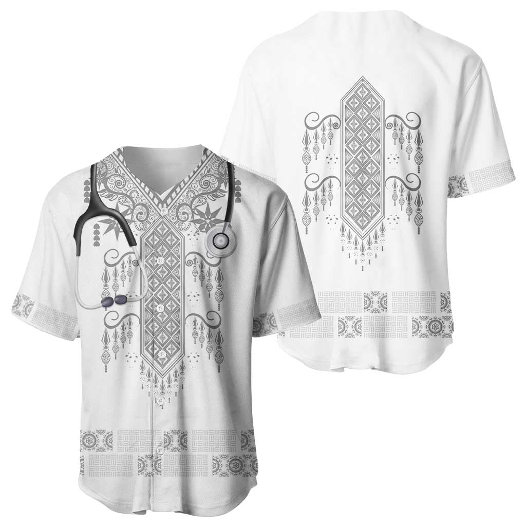 Proud Black Nurse RN Baseball Jersey White African Pattern Stethoscope Dashiki Motif