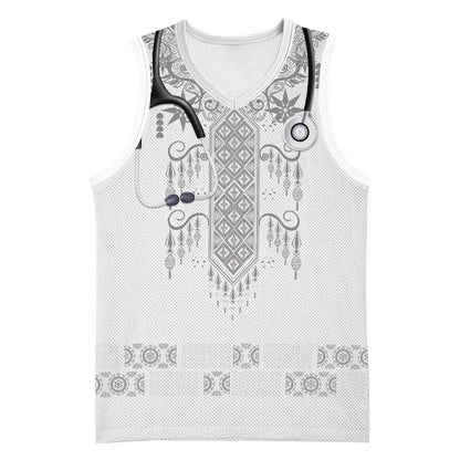 Proud Black Nurse RN Basketball Jersey White African Pattern Stethoscope Dashiki Motif