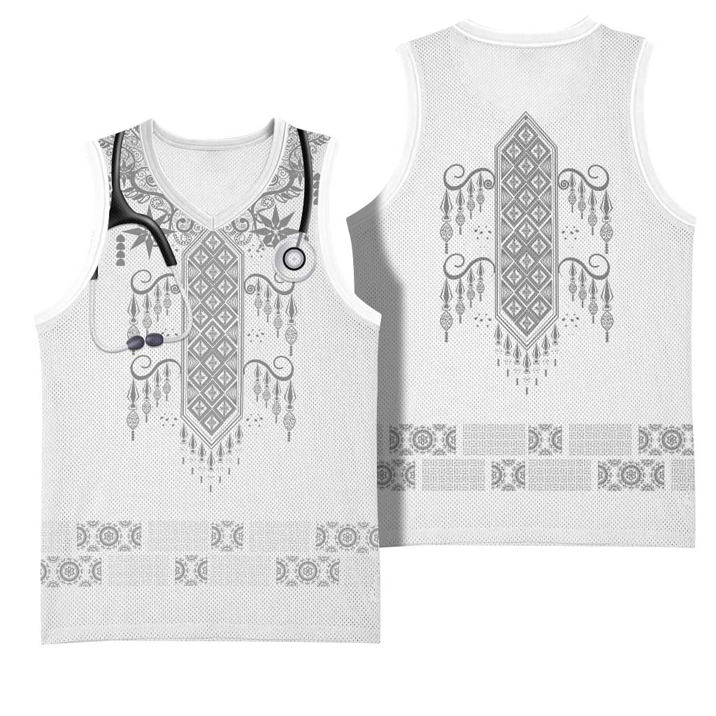 Proud Black Nurse RN Basketball Jersey White African Pattern Stethoscope Dashiki Motif