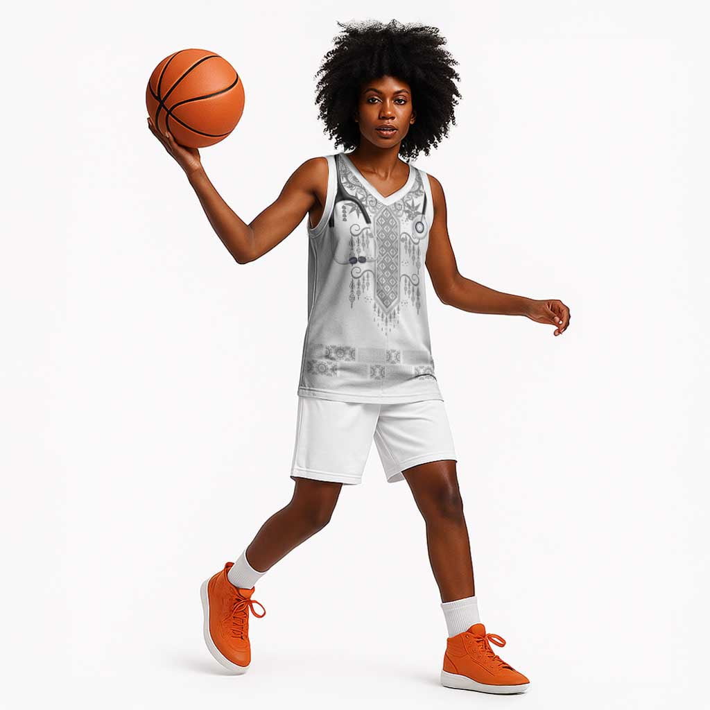 Proud Black Nurse RN Basketball Jersey White African Pattern Stethoscope Dashiki Motif