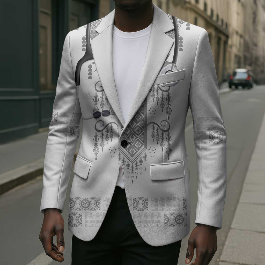 Proud Black Nurse RN Blazer White African Pattern Stethoscope Dashiki Motif