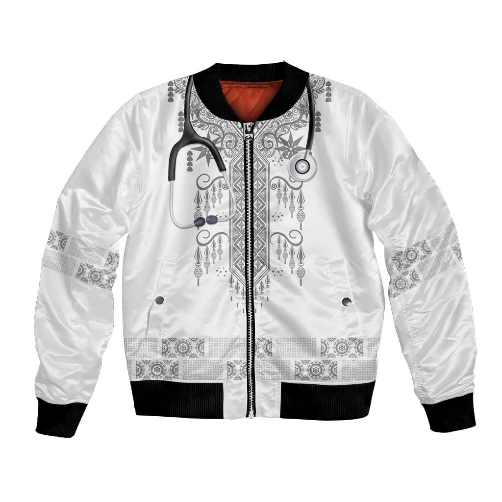 Proud Black Nurse RN Bomber Jacket White African Pattern Stethoscope Dashiki Motif