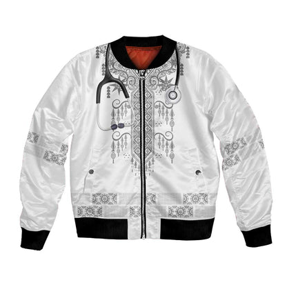 Proud Black Nurse RN Bomber Jacket White African Pattern Stethoscope Dashiki Motif