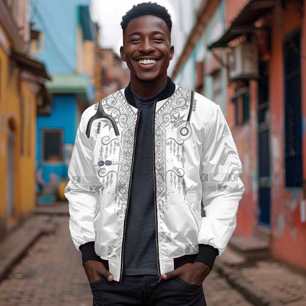 Proud Black Nurse RN Bomber Jacket White African Pattern Stethoscope Dashiki Motif