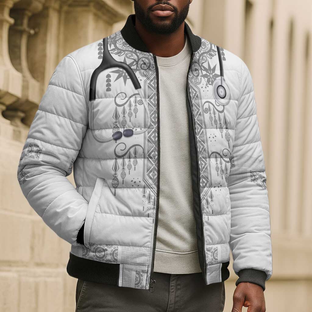Proud Black Nurse RN Bomber Puffer Jacket White African Pattern Stethoscope Dashiki Motif