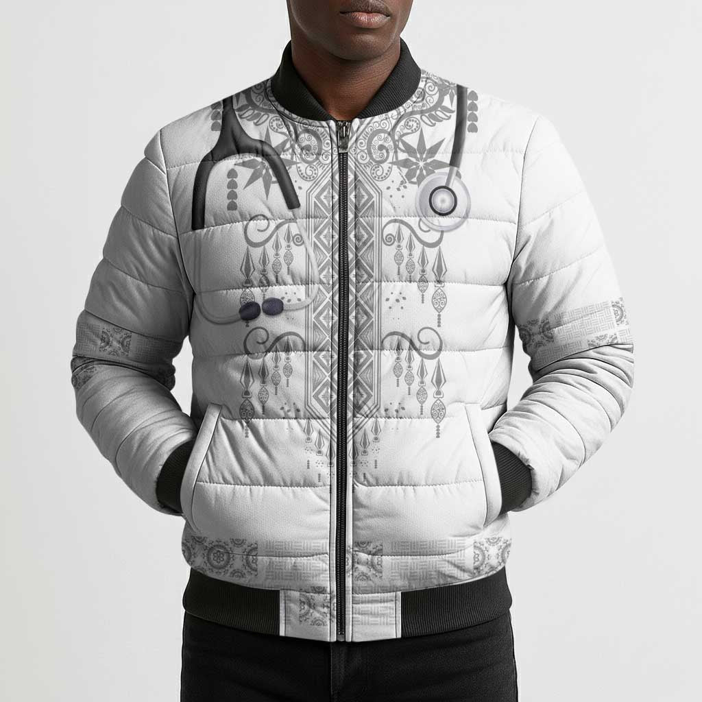Proud Black Nurse RN Bomber Puffer Jacket White African Pattern Stethoscope Dashiki Motif