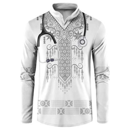 Proud Black Nurse RN Button Sweatshirt White African Pattern Stethoscope Dashiki Motif