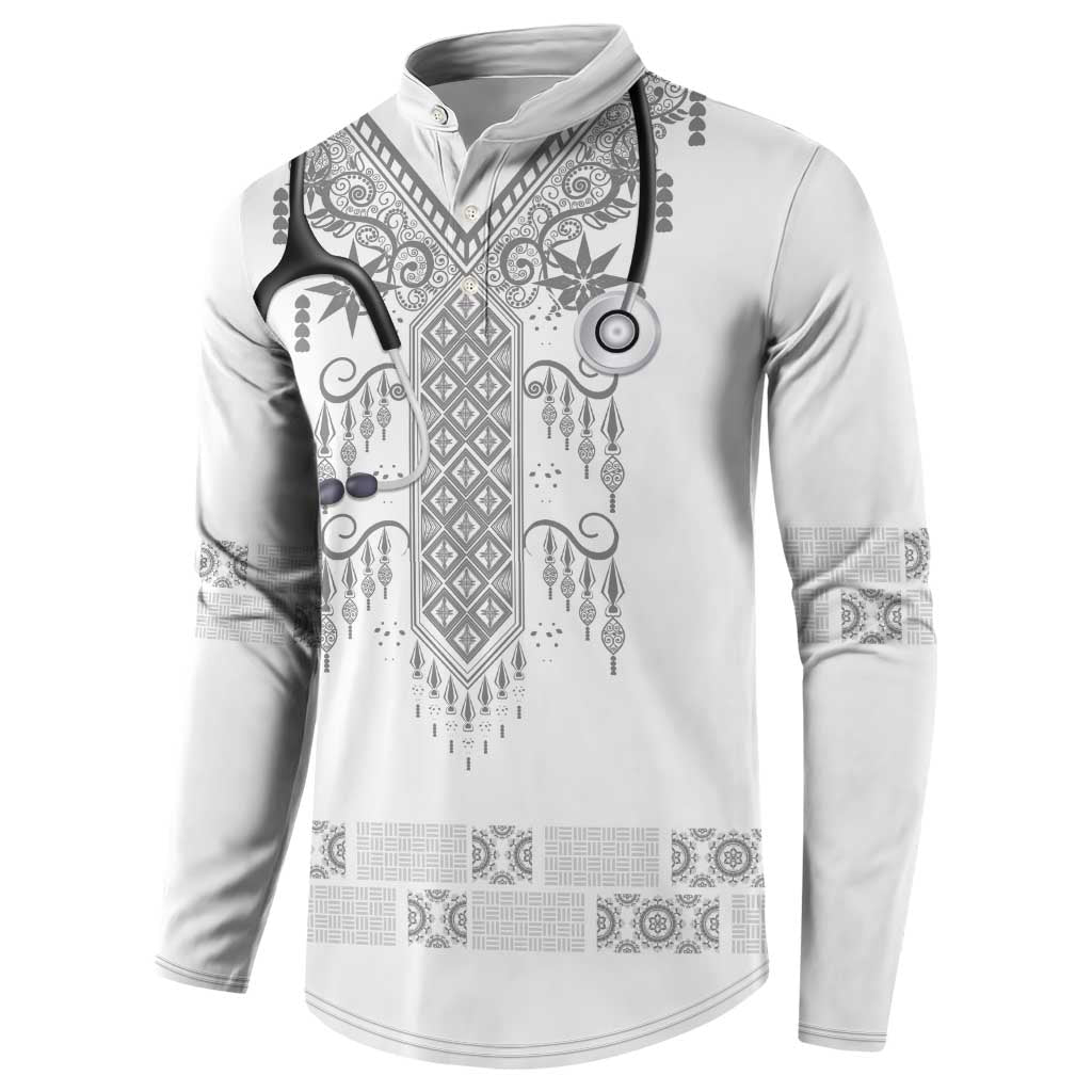 Proud Black Nurse RN Button Sweatshirt White African Pattern Stethoscope Dashiki Motif