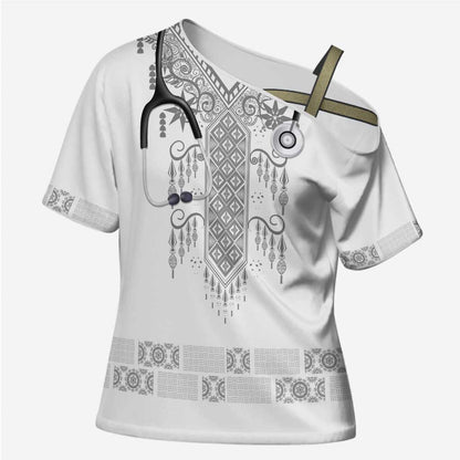 Proud Black Nurse RN Cross Shoulder Shirt White African Pattern Stethoscope Dashiki Motif