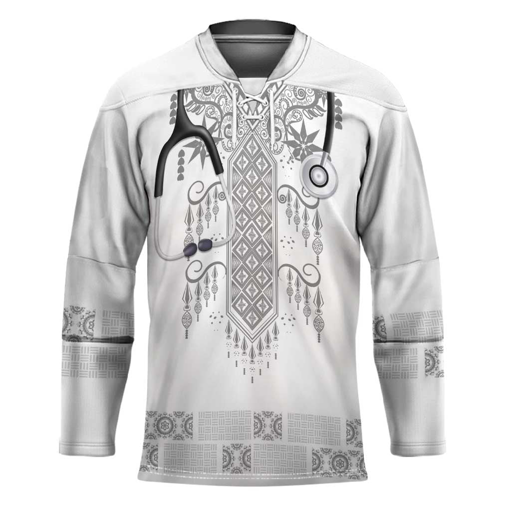 Proud Black Nurse RN Hockey Jersey White African Pattern Stethoscope Dashiki Motif