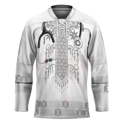 Proud Black Nurse RN Hockey Jersey White African Pattern Stethoscope Dashiki Motif