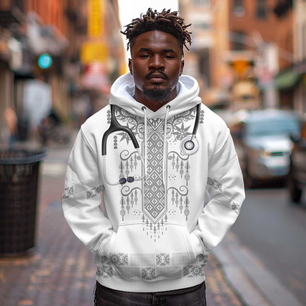 Proud Black Nurse RN Hoodie White African Pattern Stethoscope Dashiki Motif