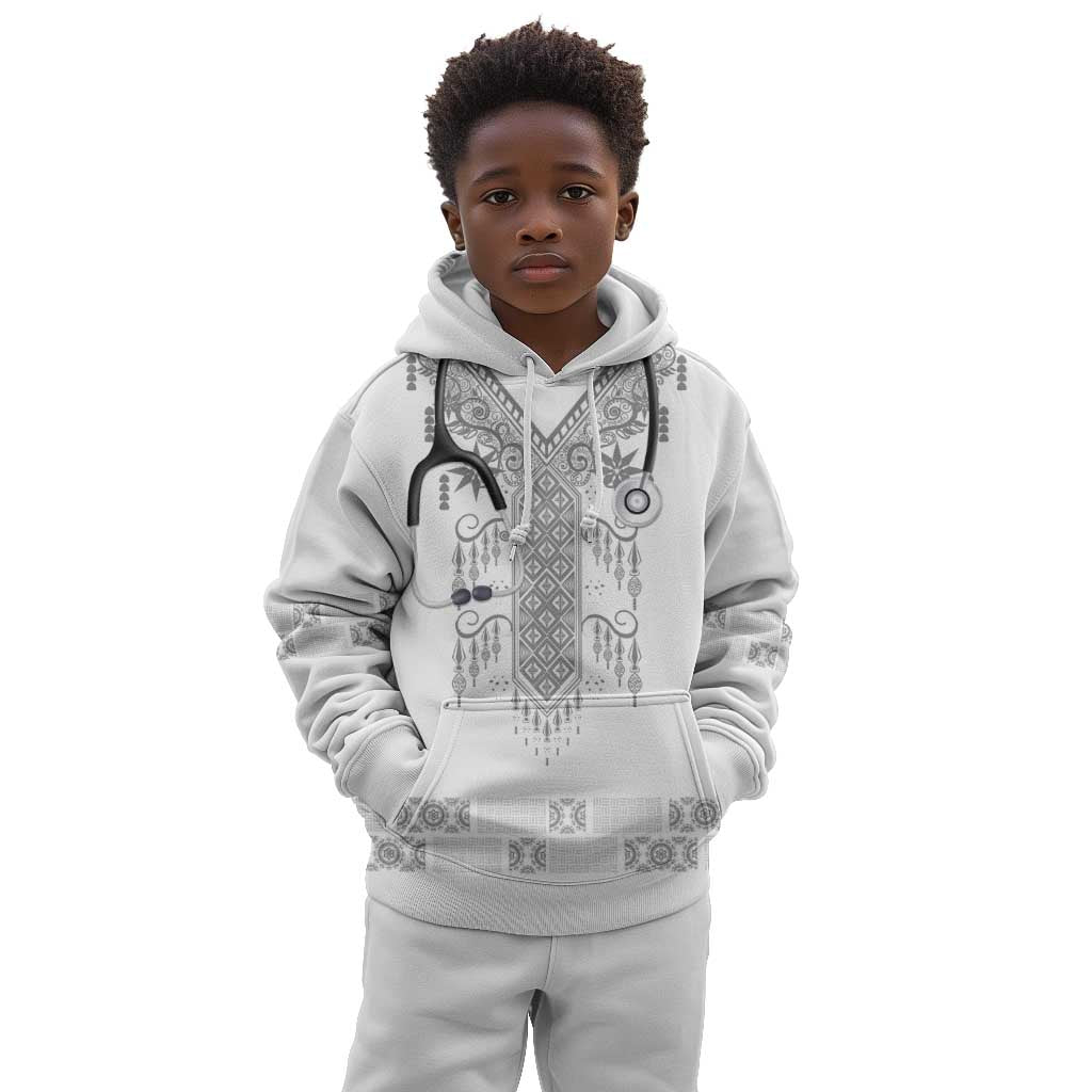Proud Black Nurse RN Kid Hoodie White African Pattern Stethoscope Dashiki Motif
