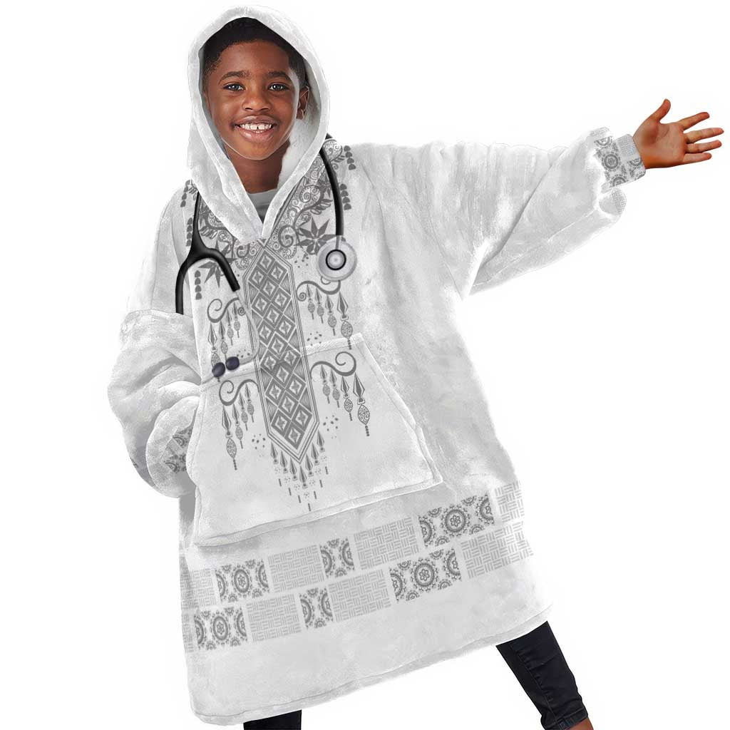Proud Black Nurse RN Kid Wearable Blanket Hoodie White African Pattern Stethoscope Dashiki Motif
