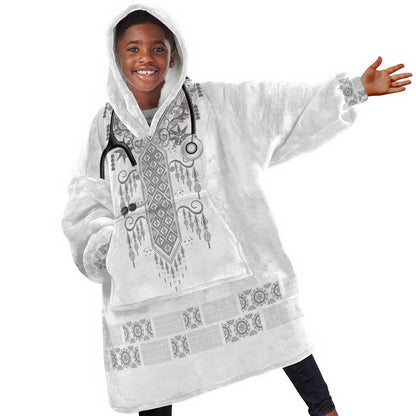 Proud Black Nurse RN Kid Wearable Blanket Hoodie White African Pattern Stethoscope Dashiki Motif