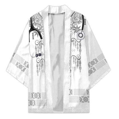 Proud Black Nurse RN Kimono White African Pattern Stethoscope Dashiki Motif