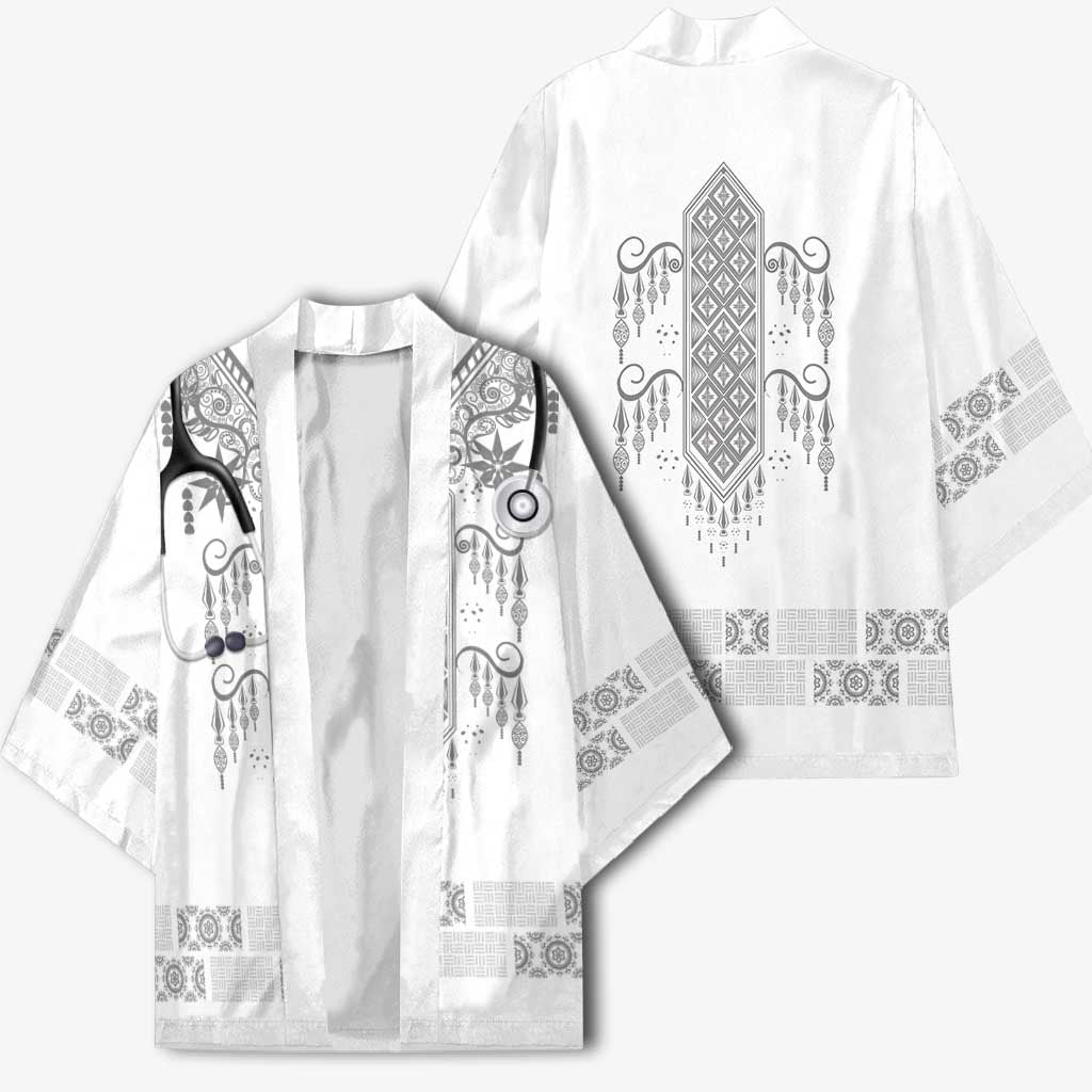 Proud Black Nurse RN Kimono White African Pattern Stethoscope Dashiki Motif