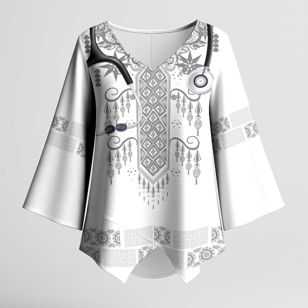 Proud Black Nurse RN Kimono Sleeve Blouse White African Pattern Stethoscope Dashiki Motif