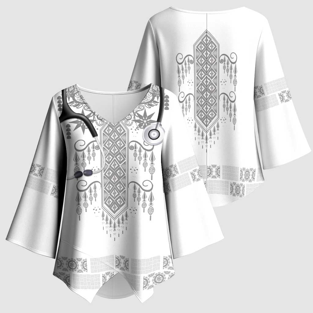 Proud Black Nurse RN Kimono Sleeve Blouse White African Pattern Stethoscope Dashiki Motif
