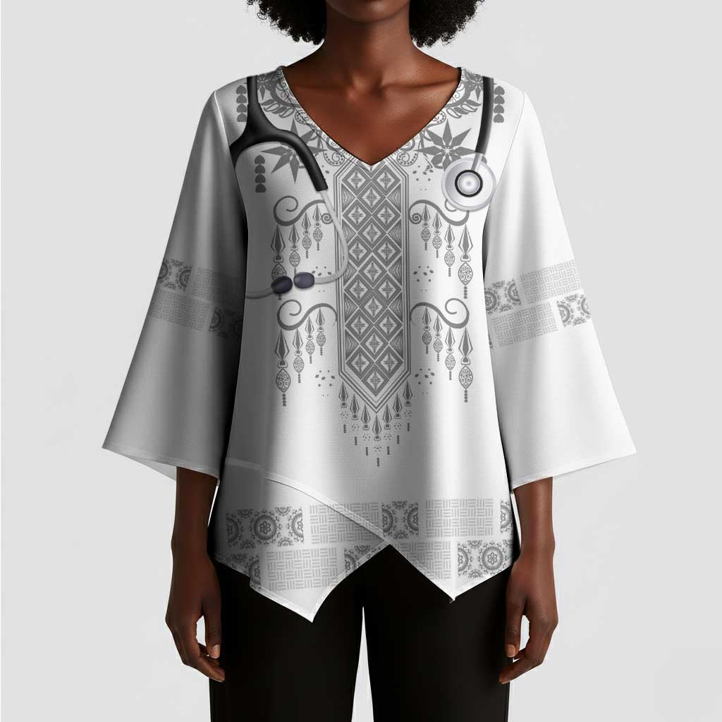 Proud Black Nurse RN Kimono Sleeve Blouse White African Pattern Stethoscope Dashiki Motif