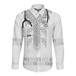 Proud Black Nurse RN Long Sleeve Button Shirt White African Pattern Stethoscope Dashiki Motif