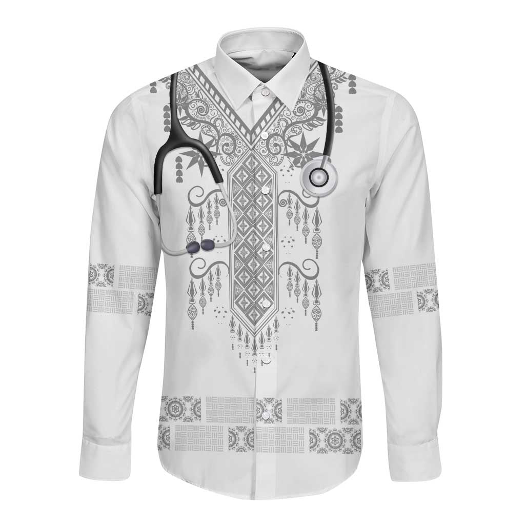 Proud Black Nurse RN Long Sleeve Button Shirt White African Pattern Stethoscope Dashiki Motif