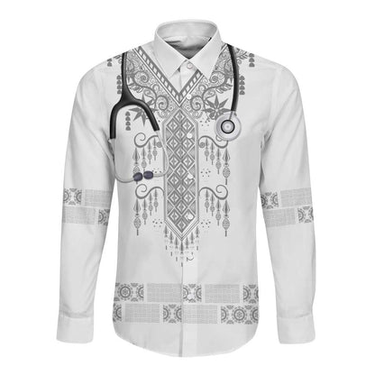 Proud Black Nurse RN Long Sleeve Button Shirt White African Pattern Stethoscope Dashiki Motif