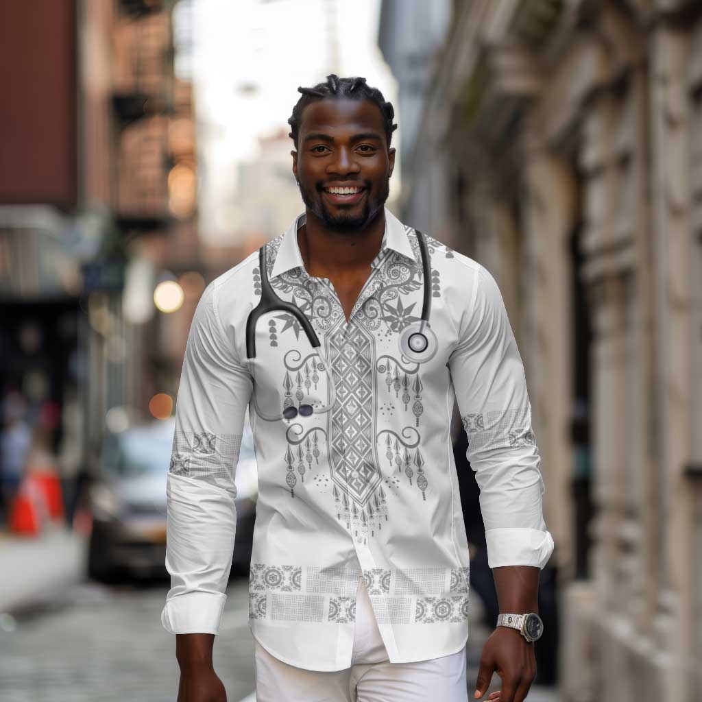 Proud Black Nurse RN Long Sleeve Button Shirt White African Pattern Stethoscope Dashiki Motif